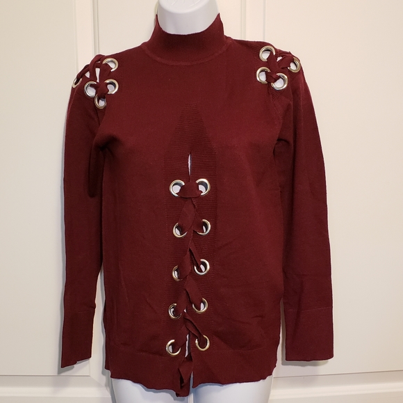 NWT Maroon red Lace Up Turtleneck Sweater - Picture 5 of 6